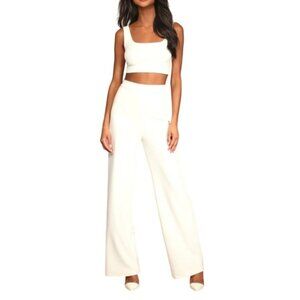 Lulus Only Tonight Ivory Two-Piece Wide-Leg Jumpsuit S Crop Top High-Rise Pants